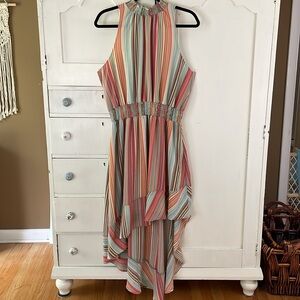 Belle & Sky Dress Colorful Textured halter high low midi XL